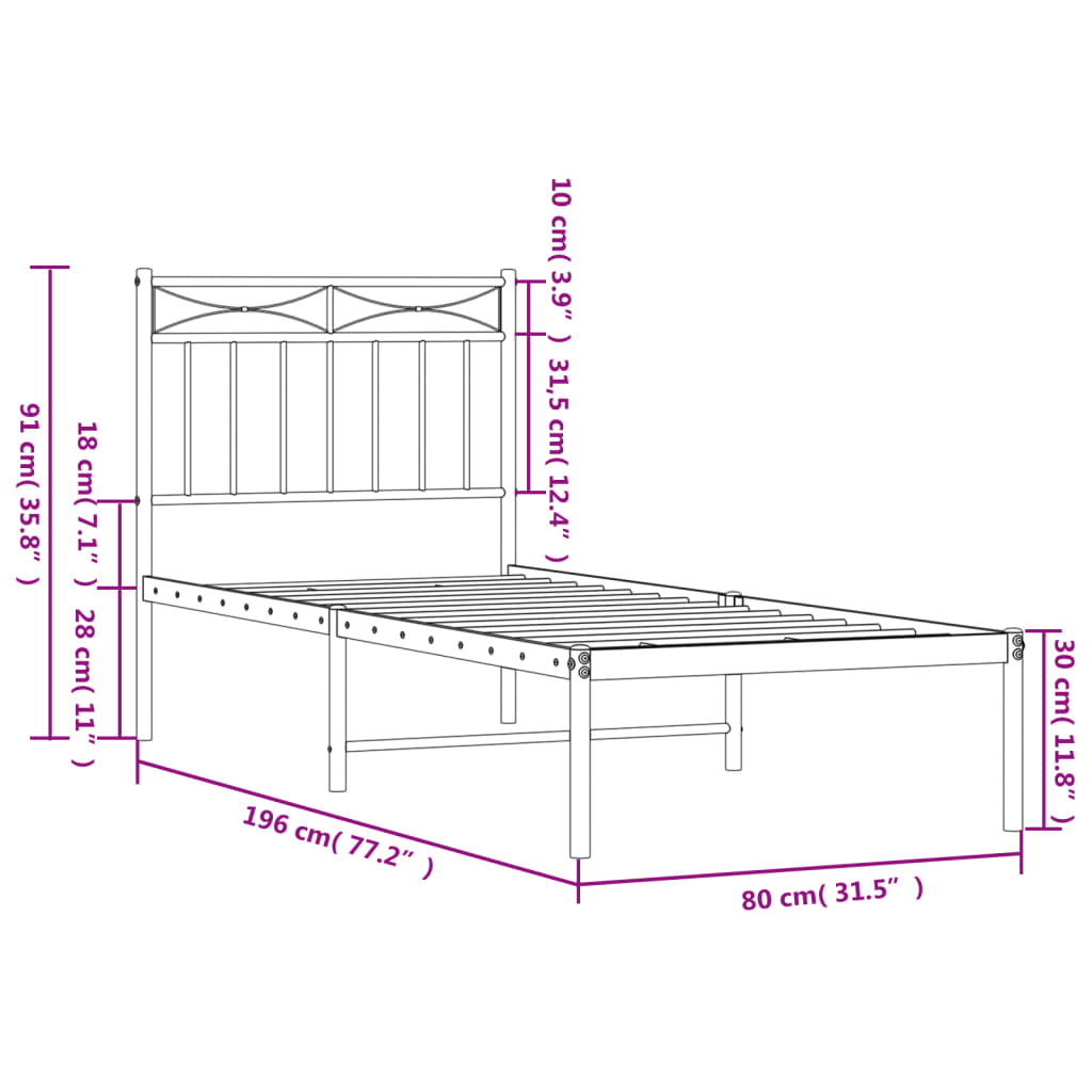 vidaXL Metallbett ohne Matratze mit Kopfteil Weiß 75x190 cm