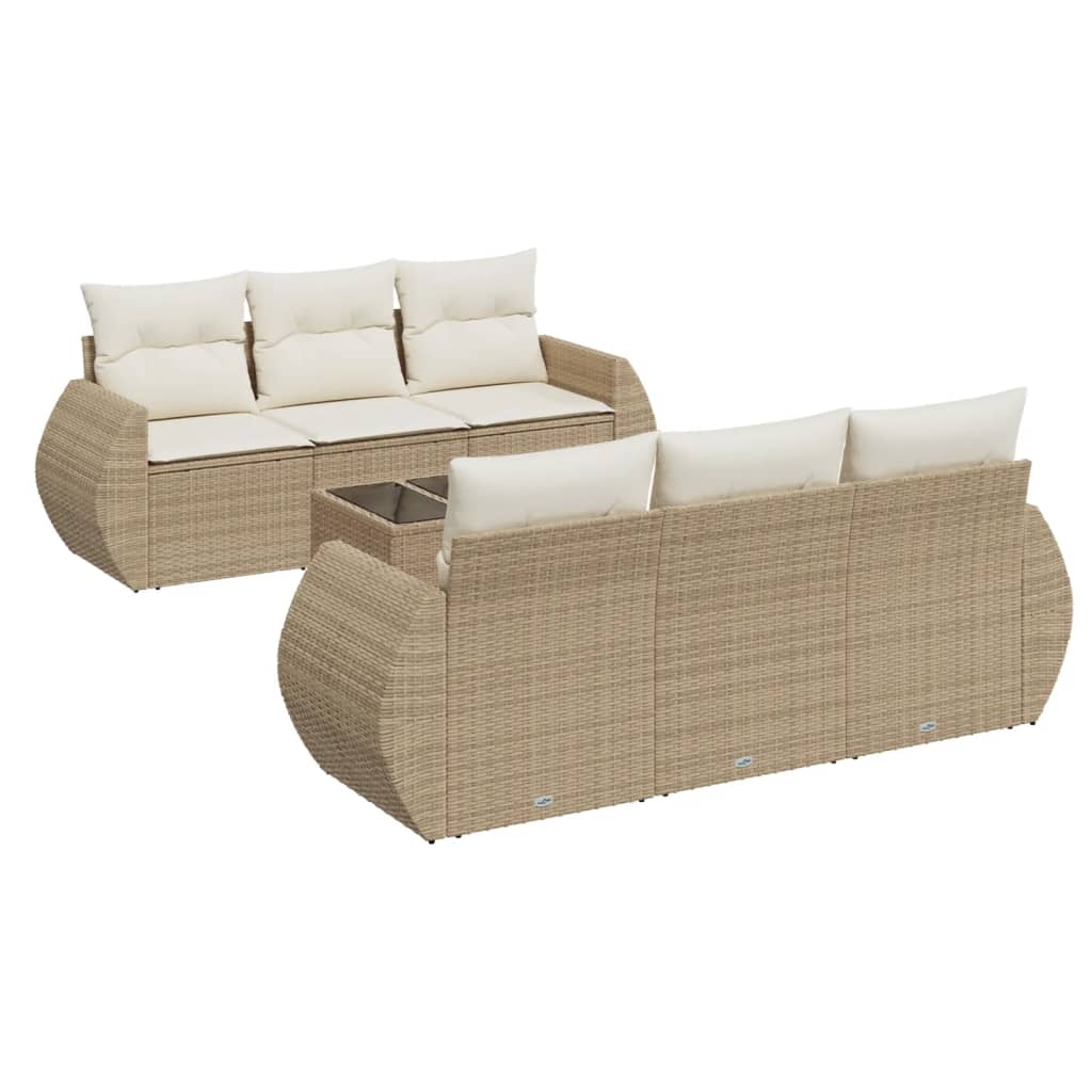 vidaXL 7-tlg. Garten-Sofagarnitur mit Kissen Beige Poly Rattan