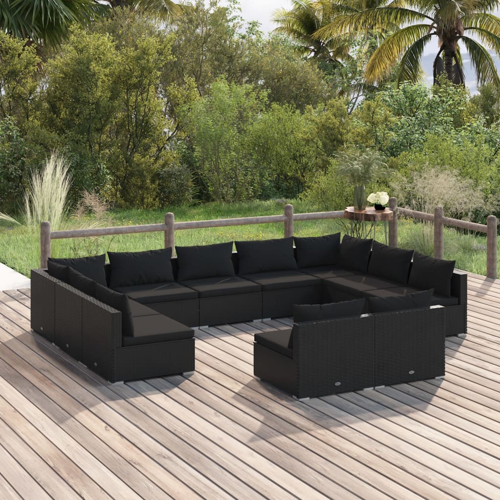 vidaXL 11-tlg. Garten-Lounge-Set mit Kissen Schwarz Poly Rattan