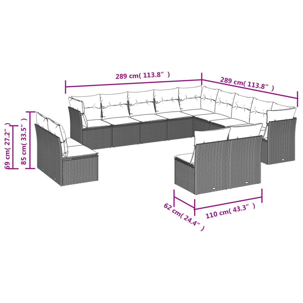 vidaXL 12-tlg. Garten-Sofagarnitur mit Kissen Beige Poly Rattan