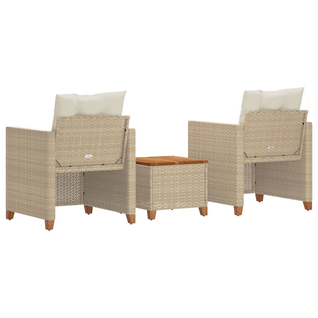 vidaXL 3-tlg. Bistro-Set mit Kissen Beige Poly Rattan Akazienholz