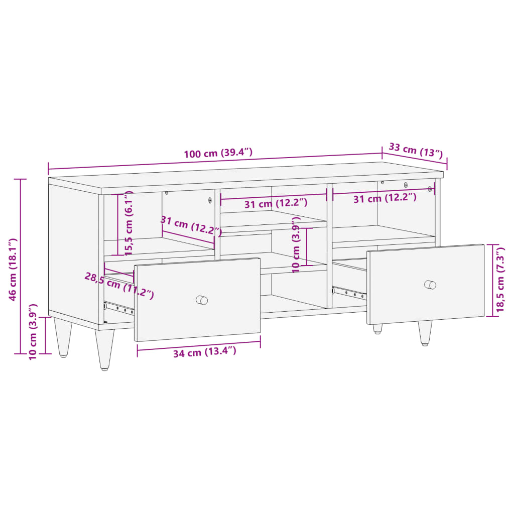 vidaXL TV-Schrank 100x33x46 cm Massivholz Mango