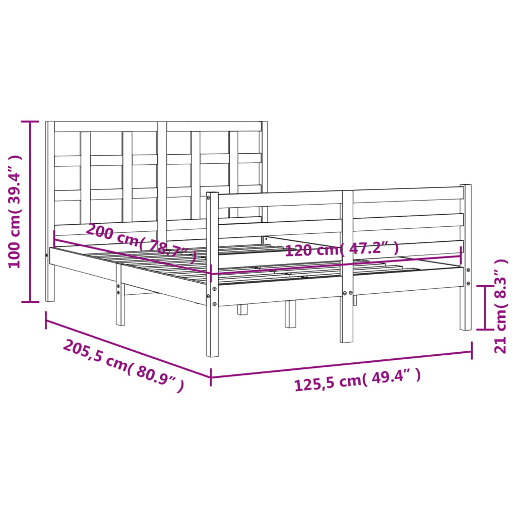 vidaXL Massivholzbett mit Kopfteil 120x200 cm