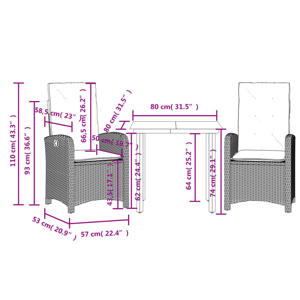 vidaXL 3-tlg. Garten-Essgruppe mit Kissen Schwarz Poly Rattan