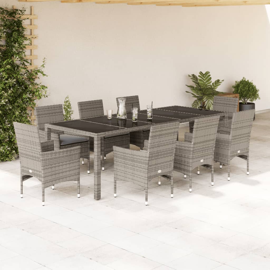 vidaXL 9-tlg. Garten-Essgruppe mit Kissen Grau Poly Rattan und Glas