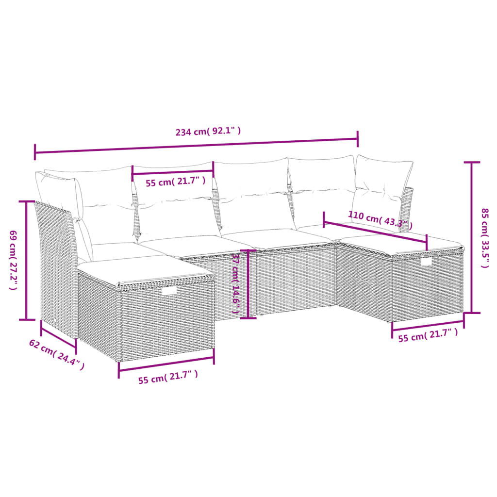 vidaXL 6-tlg. Garten-Sofagarnitur mit Kissen Schwarz Poly Rattan