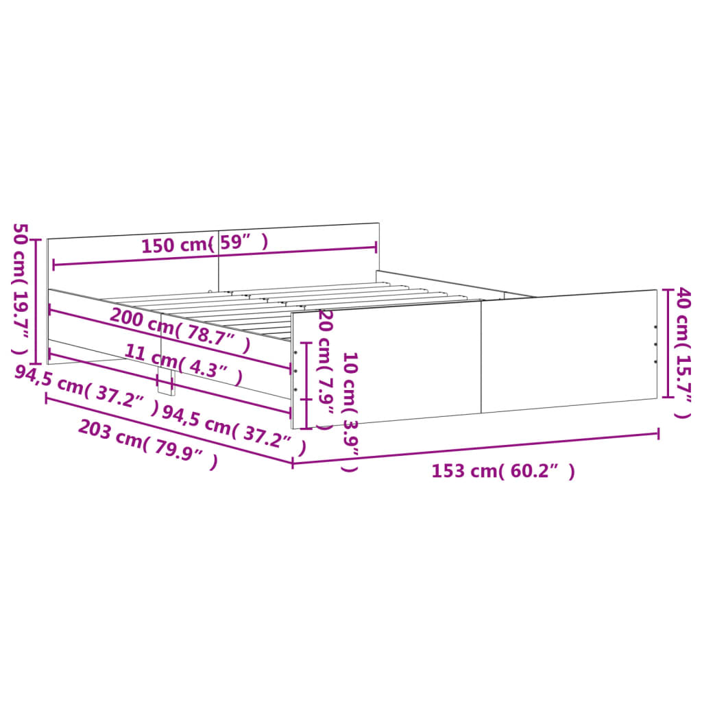 vidaXL Bettgestell mit Kopf- und Fußteil Schwarz 150x200 cm