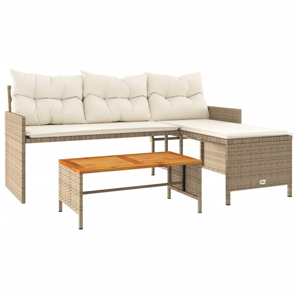 vidaXL Gartensofa in L-Form mit Tisch und Kissen Beige Poly Rattan