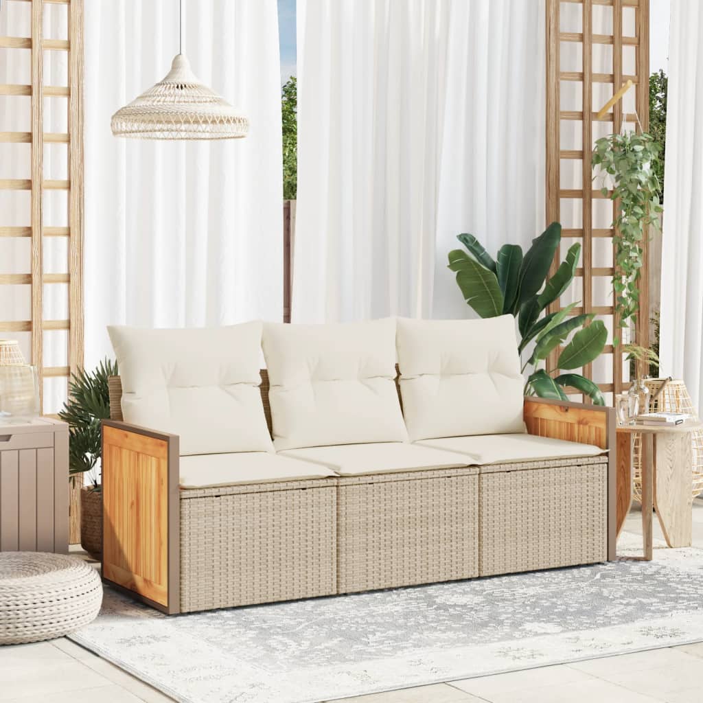 vidaXL 3-tlg. Garten-Sofagarnitur mit Kissen Beige Poly Rattan