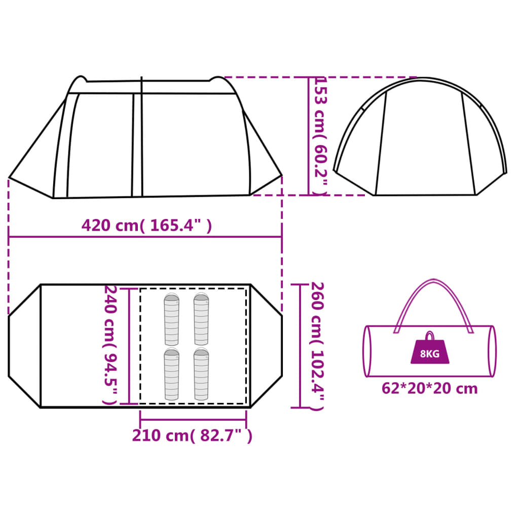 vidaXL Tunnelzelt 4 Personen Grau und Orange Wasserdicht