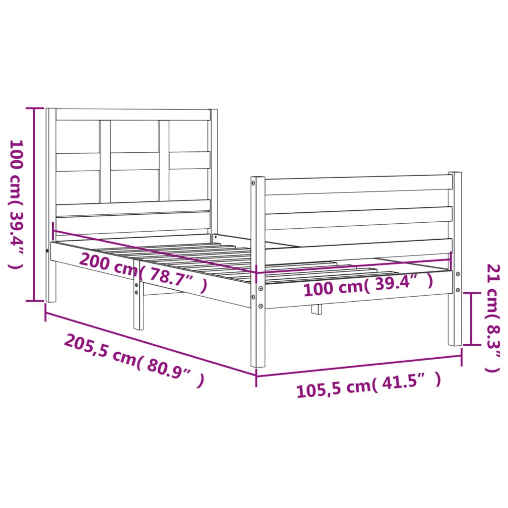 vidaXL Massivholzbett mit Kopfteil 100x200 cm