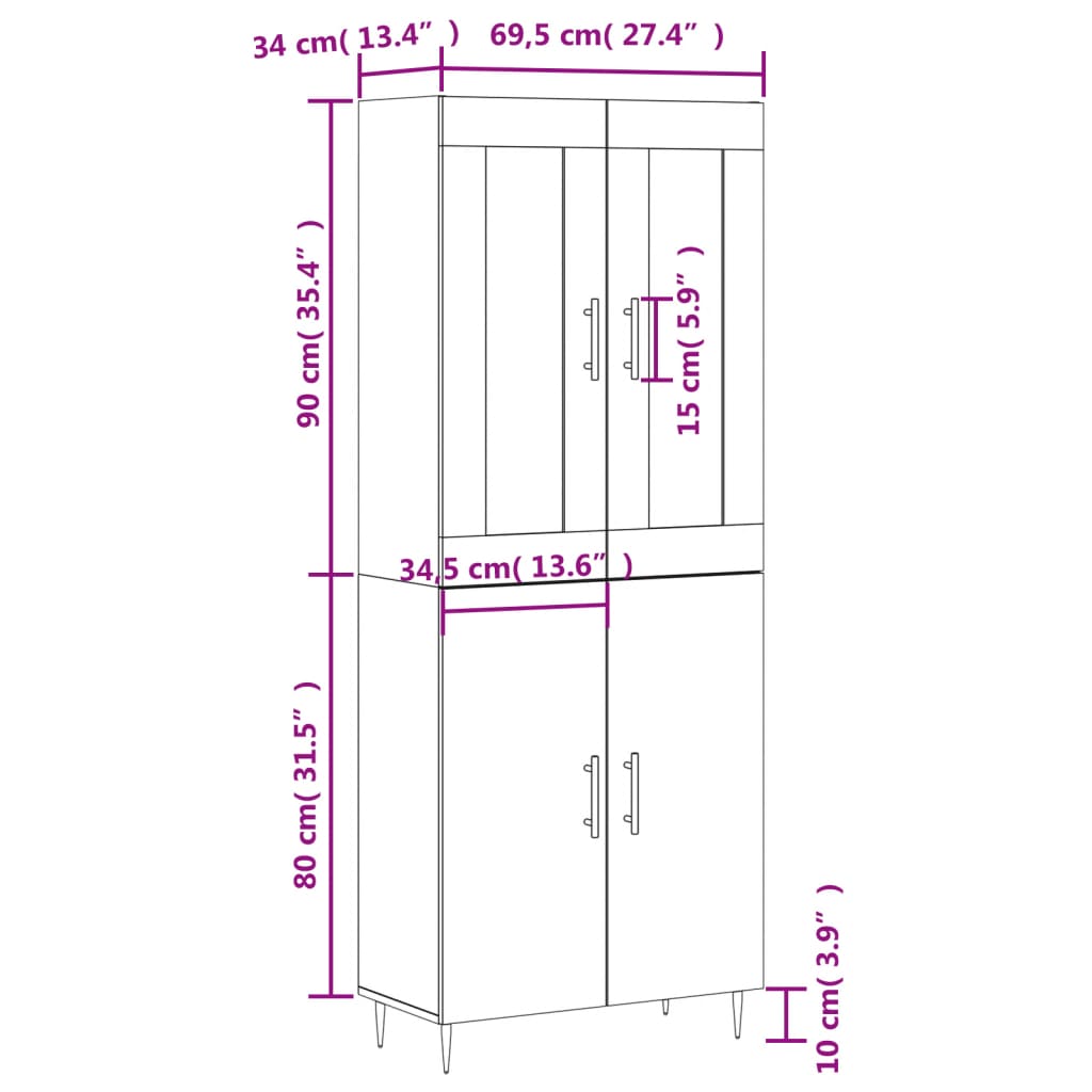 vidaXL Highboard Weiß 69,5x34x180 cm Holzwerkstoff