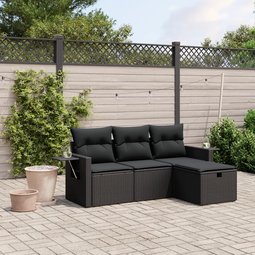 vidaXL 4-tlg. Garten-Sofagarnitur mit Kissen Schwarz Poly Rattan