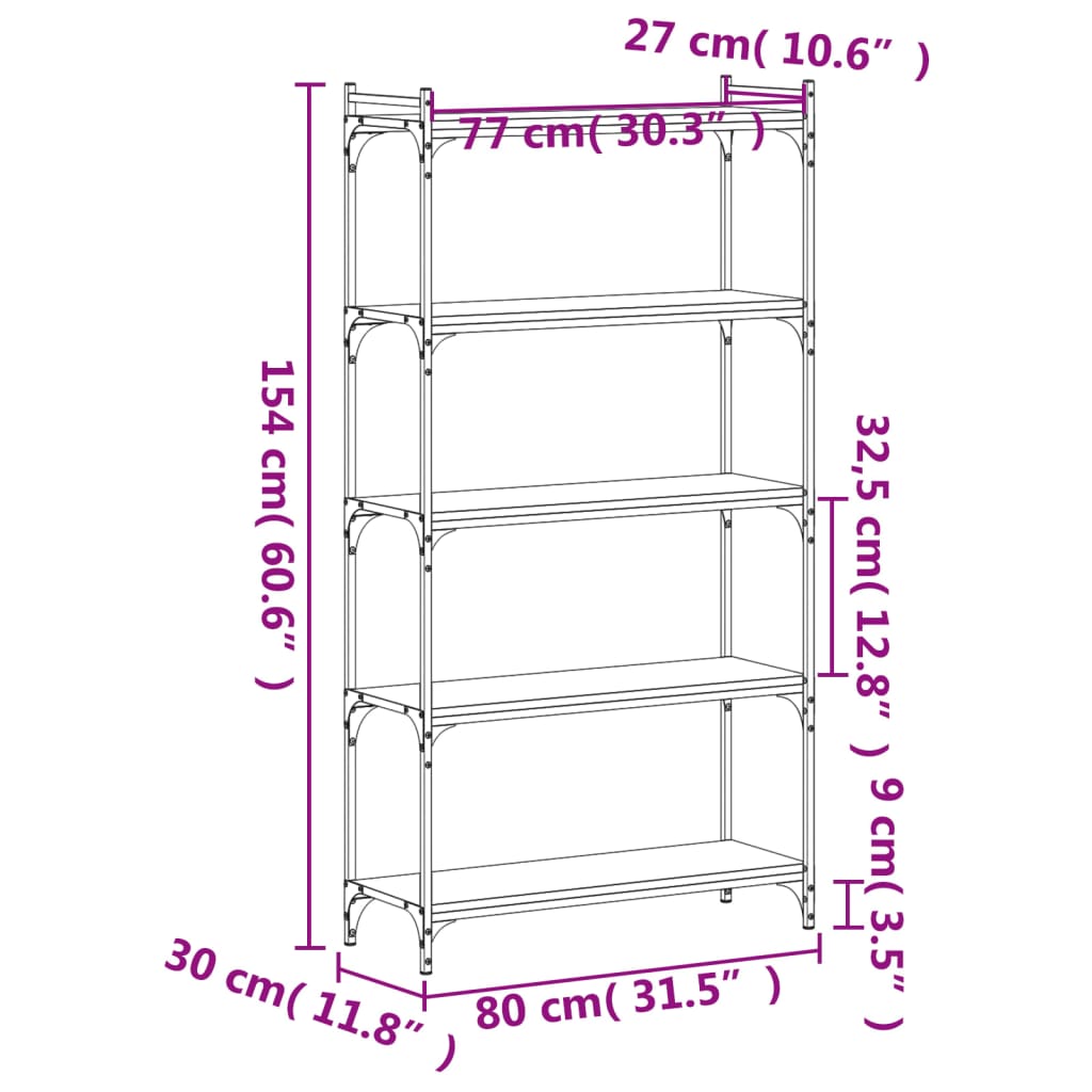 vidaXL Bücherregal 5 Böden Braun Eiche-Optik 80x30x154cm Holzwerkstoff