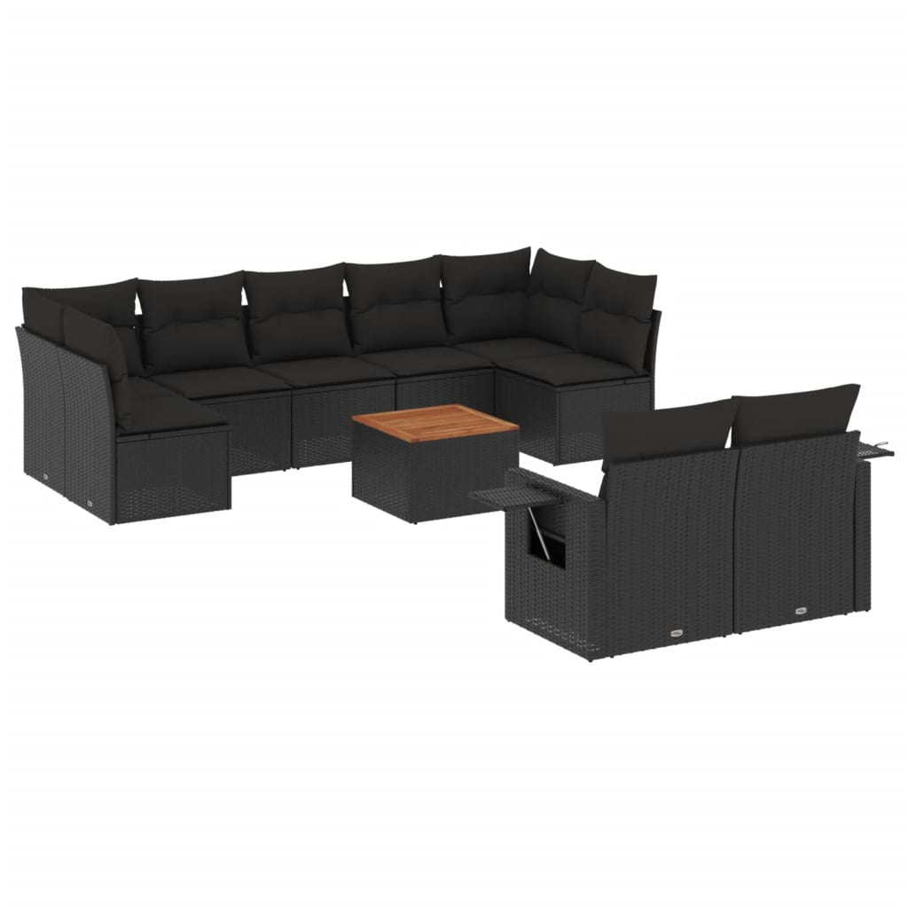 vidaXL 10-tlg. Garten-Sofagarnitur mit Kissen Schwarz Poly Rattan