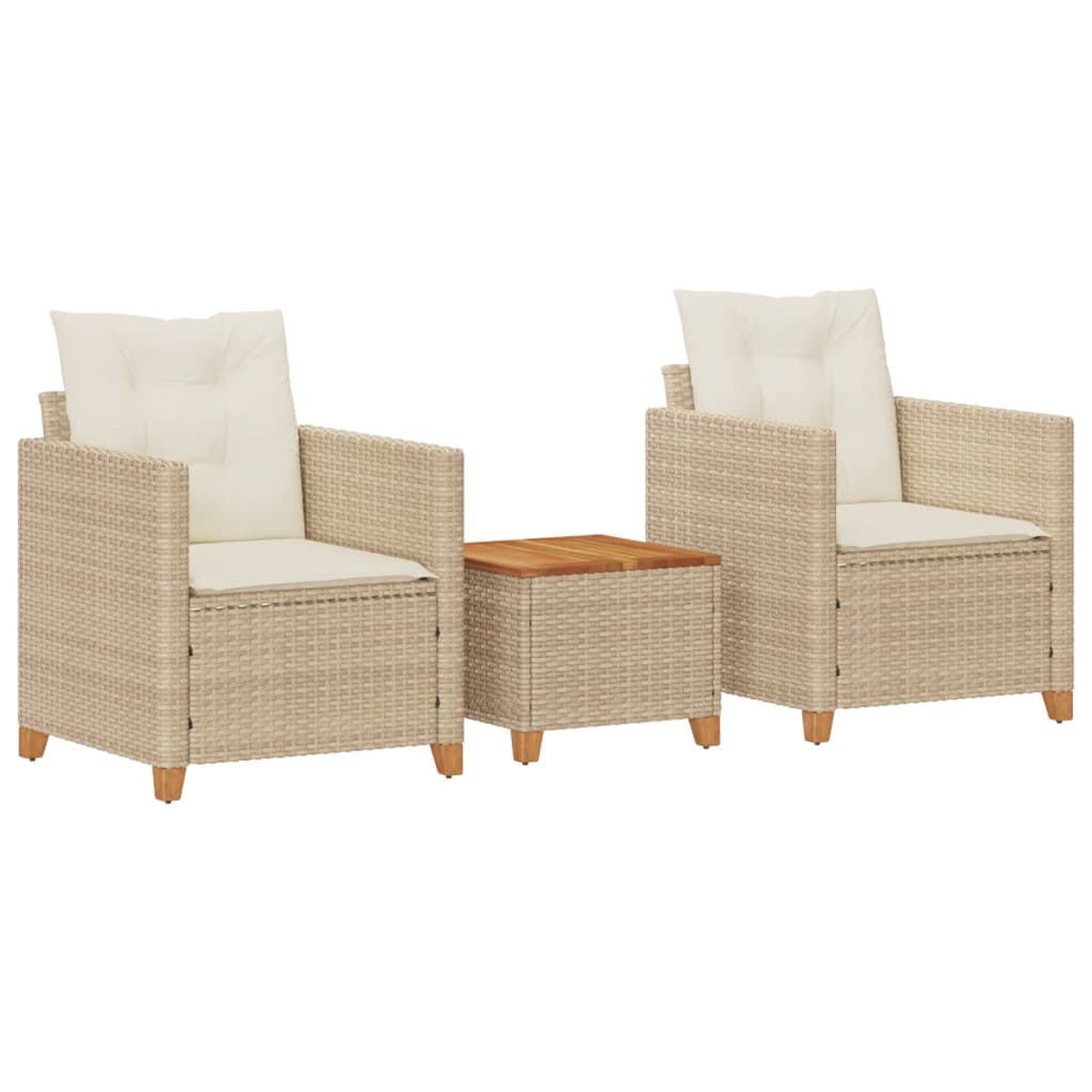 vidaXL 3-tlg. Bistro-Set mit Kissen Beige Poly Rattan Akazienholz