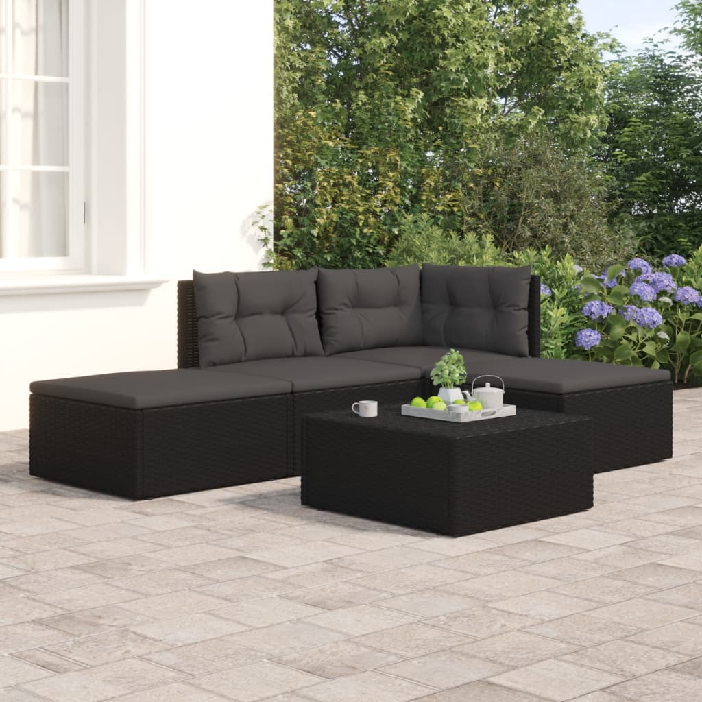 vidaXL 4-tlg. Garten-Lounge-Set mit Kissen Schwarz Poly Rattan