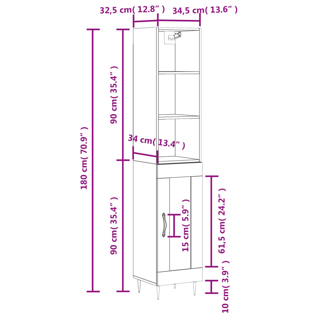 vidaXL Highboard Betongrau 34,5x34x180 cm Holzwerkstoff