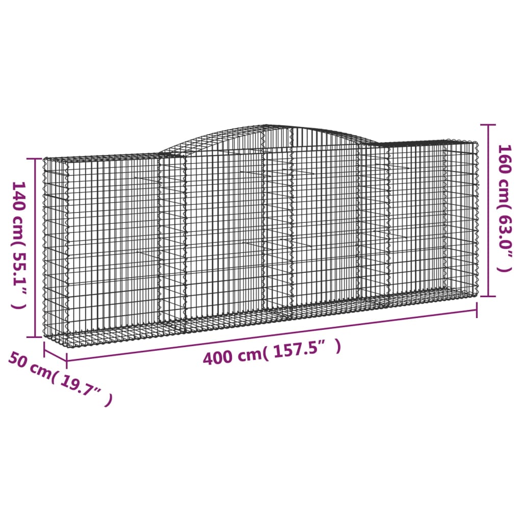 vidaXL Gabionen mit Hochbogen 8 Stk. 400x50x140/160cm Verzinktes Eisen