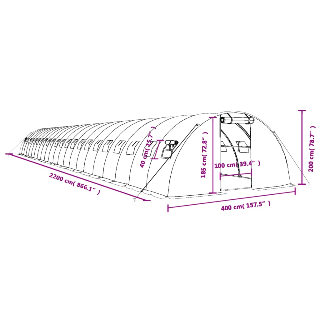 vidaXL Gewächshaus mit Stahlrahmen Grün 88 m² 22x4x2 m