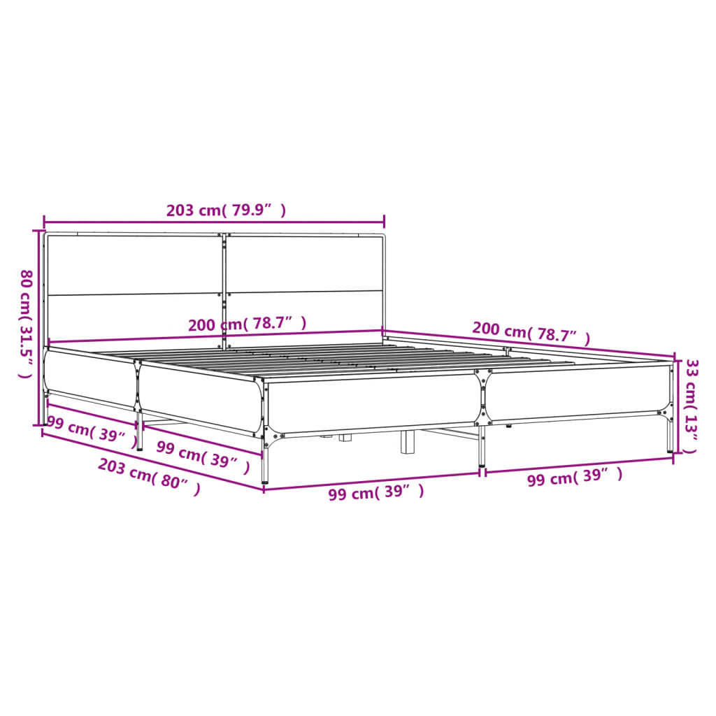 vidaXL Bettgestell Räuchereiche 200x200 cm Holzwerkstoff und Metall