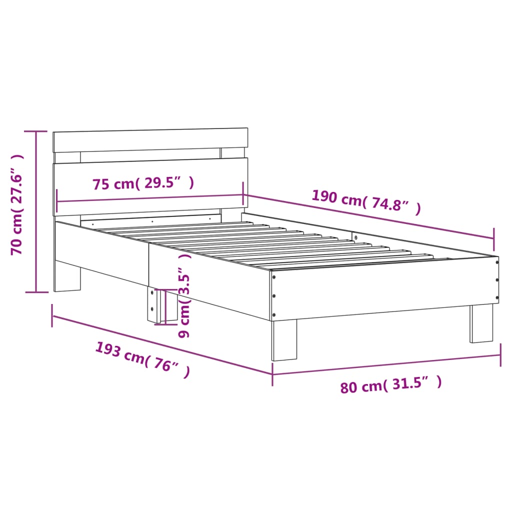 vidaXL Bettgestell ohne Matratze mit Kopfteil Braun Eiche 75x190 cm