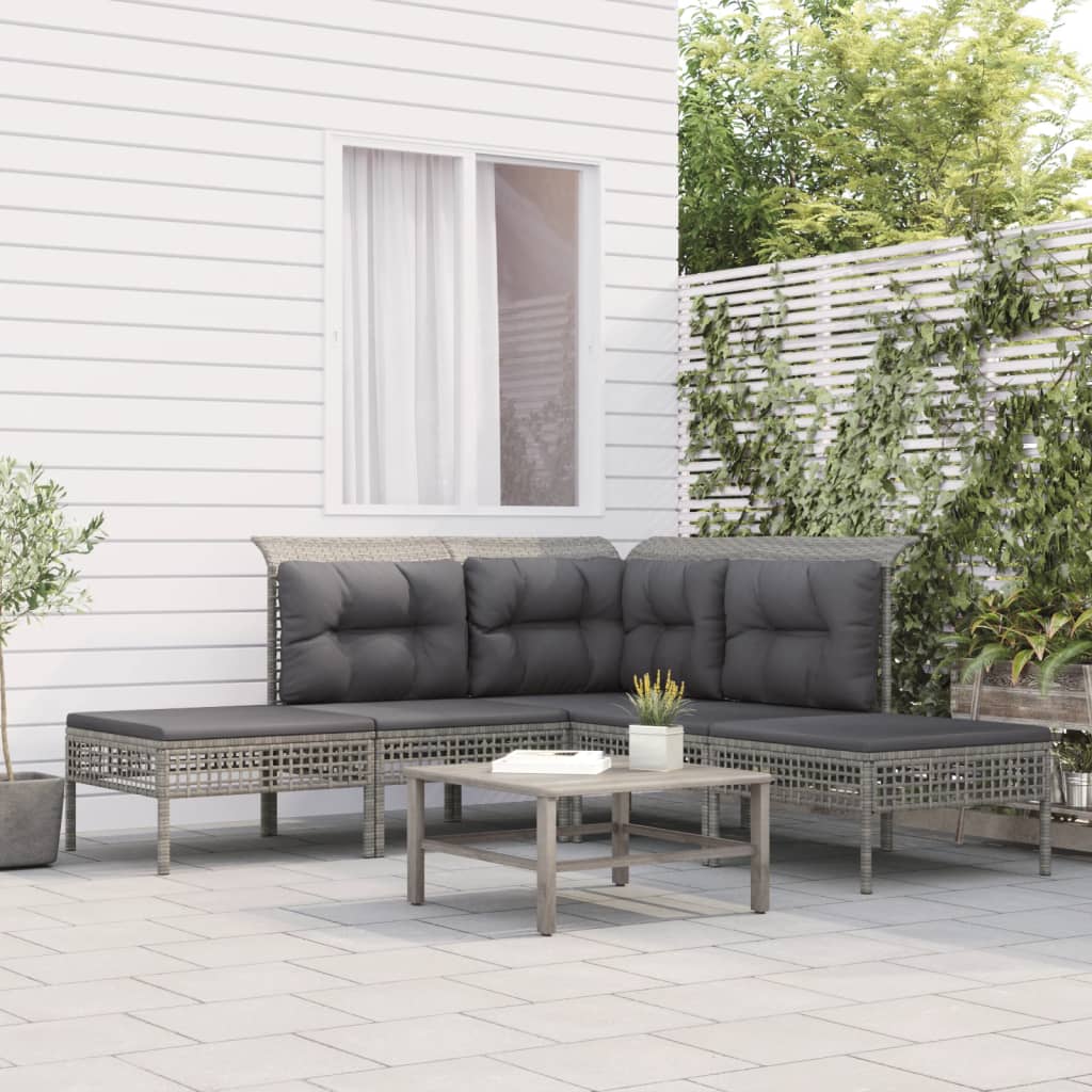 vidaXL 5-tlg. Garten-Lounge-Set mit Kissen Grau Poly Rattan