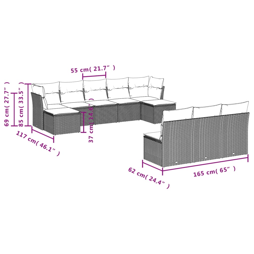 vidaXL 10-tlg. Garten-Sofagarnitur mit Kissen Braun Poly Rattan