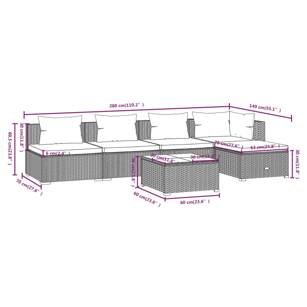 vidaXL 6-tlg. Garten-Lounge-Set mit Kissen Poly Rattan Schwarz