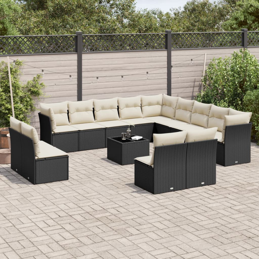 vidaXL 14-tlg. Garten-Sofagarnitur mit Kissen Schwarz Poly Rattan