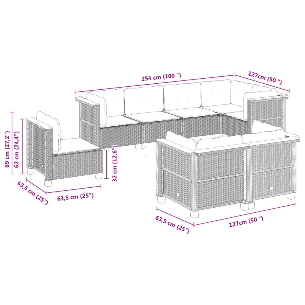 vidaXL 8-tlg. Garten-Sofagarnitur mit Kissen Grau Poly Rattan