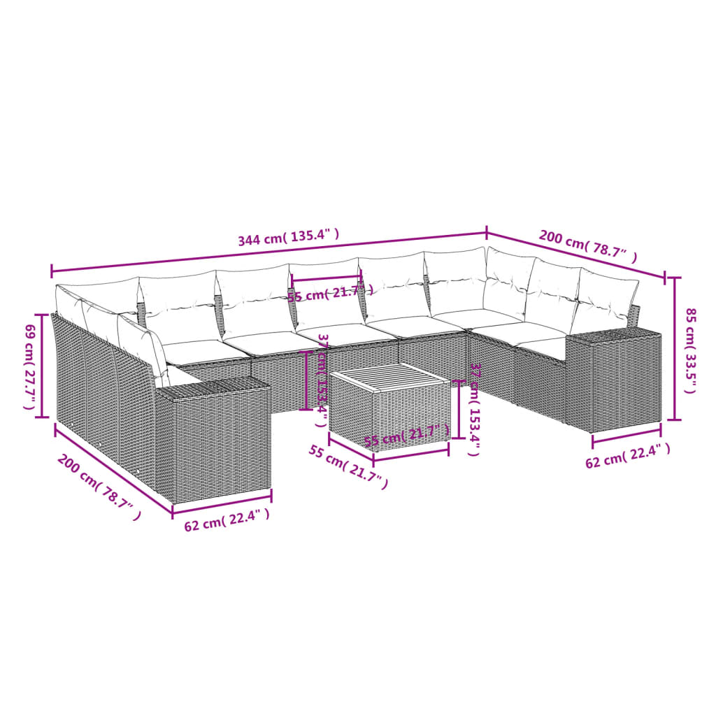 vidaXL 11-tlg. Garten-Sofagarnitur mit Kissen Grau Poly Rattan