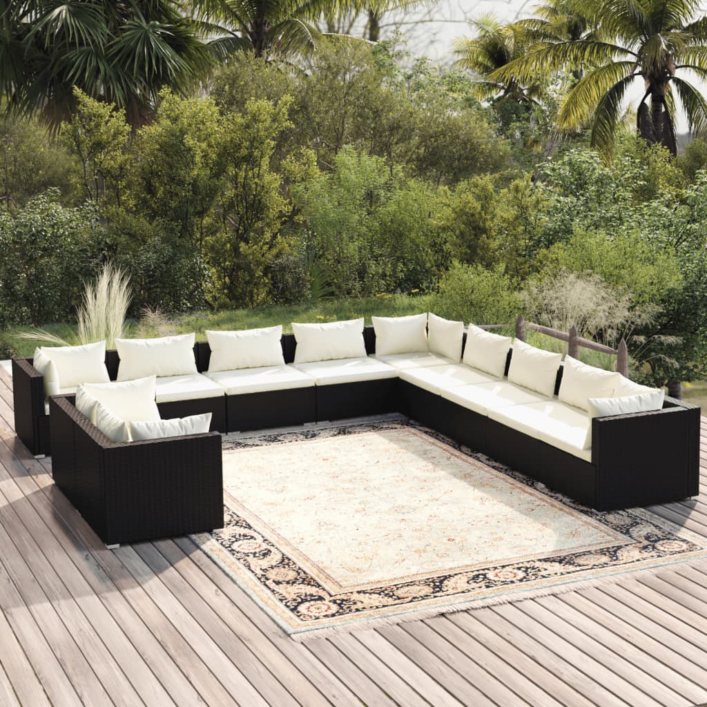 vidaXL 11-tlg. Garten-Lounge-Set mit Kissen Schwarz Poly Rattan