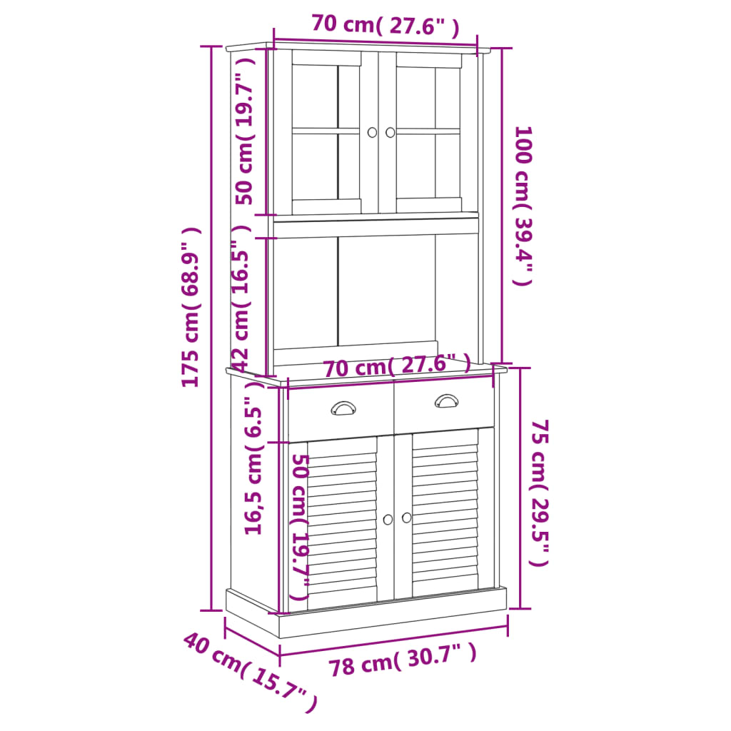 vidaXL Highboard VIGO Grau 78x40x175 cm Massivholz Kiefer