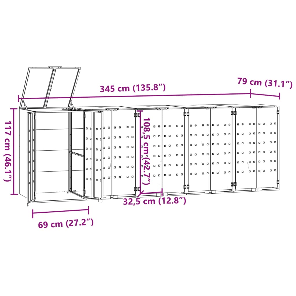 vidaXL Mülltonnenbox für 5 Tonnen Schwarz 345x79x117 cm Stahl