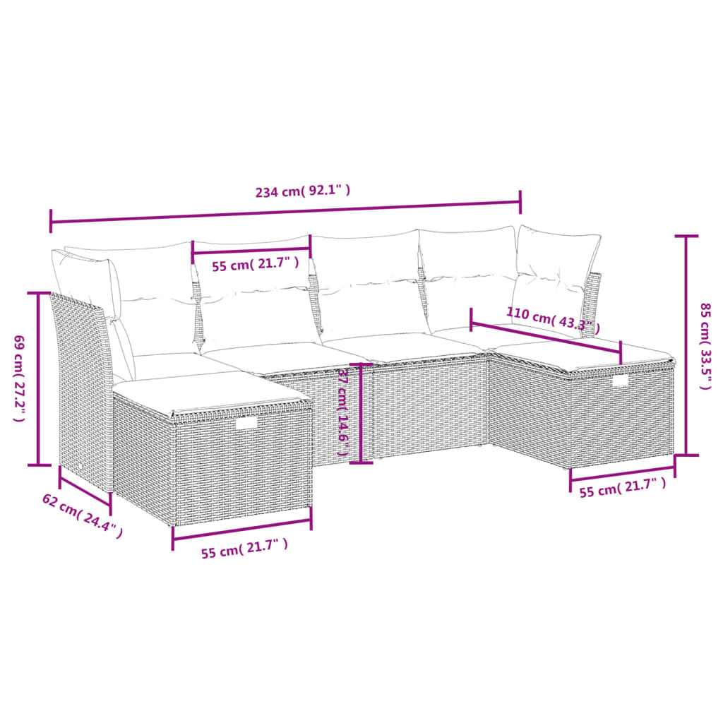 vidaXL 6-tlg. Garten-Sofagarnitur mit Kissen Grau Poly Rattan