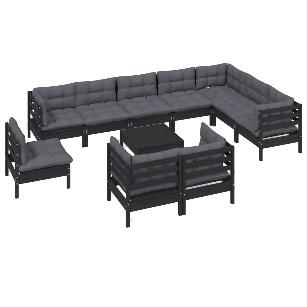 vidaXL 11-tlg. Garten-Lounge-Set mit Kissen Schwarz Massivholz Kiefer