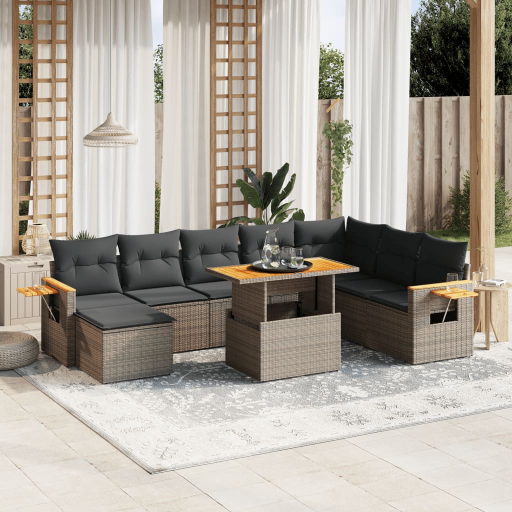 vidaXL 9-tlg. Garten-Sofagarnitur mit Kissen Grau Poly Rattan