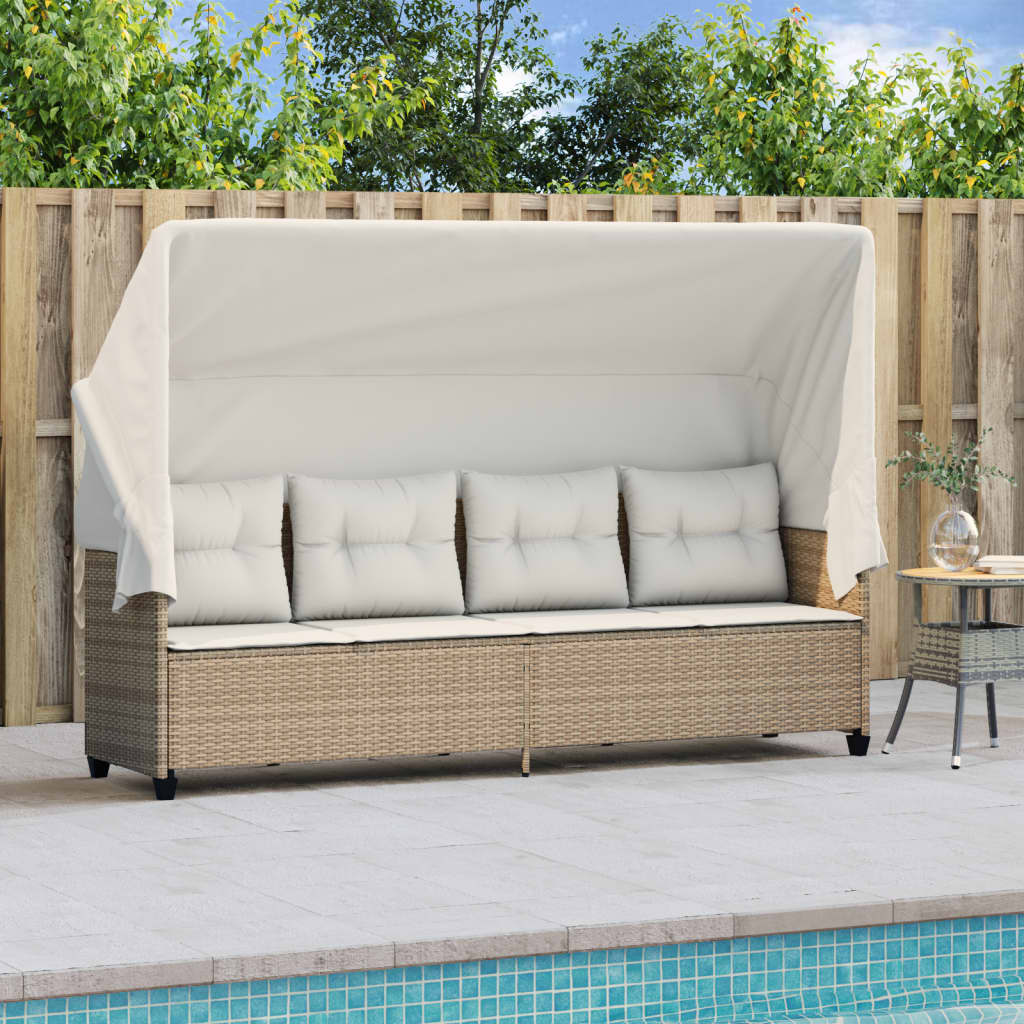 vidaXL Sonnenliege mit Dach und Kissen Beige Poly Rattan