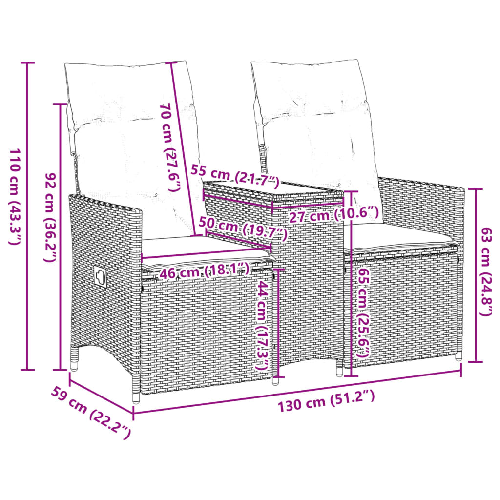 vidaXL Gartensofa 2-Sitzer Verstellbar mit Tisch Beige Poly Rattan