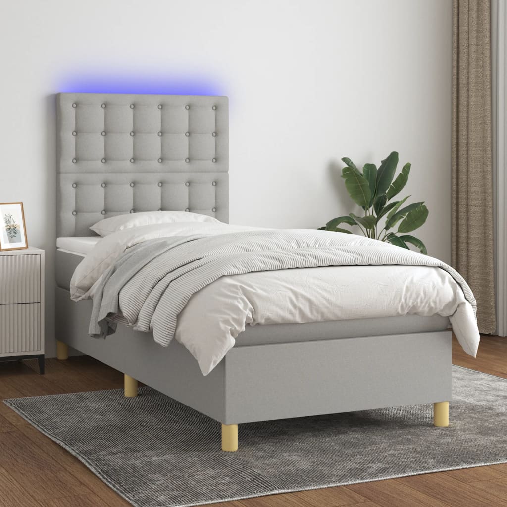 vidaXL Boxspringbett mit Matratze & LED Hellgrau 100x200 cm Stoff