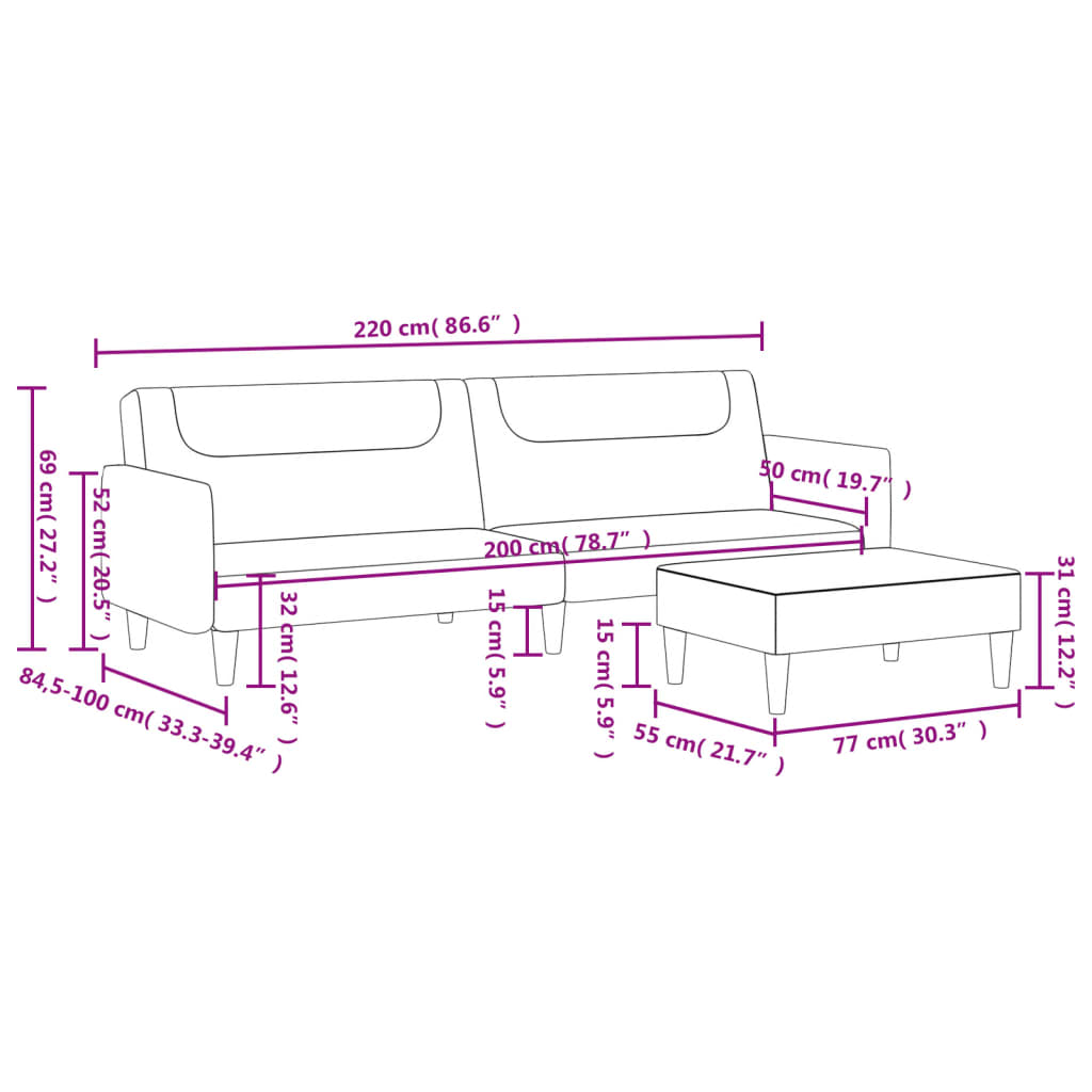 vidaXL Schlafsofa 2-Sitzer mit Fußhocker Schwarz Stoff