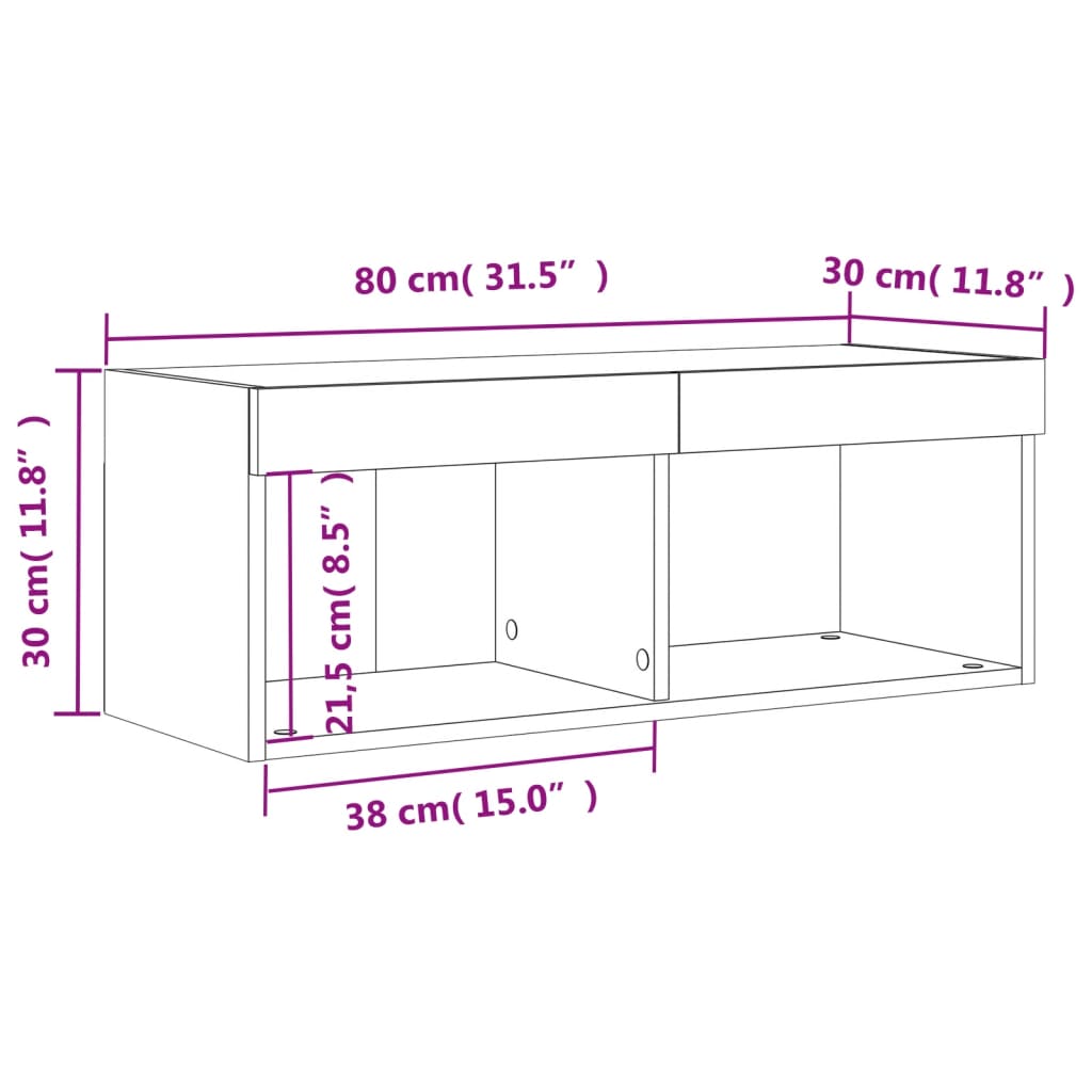 vidaXL TV-Schrank mit LED-Leuchten Betongrau 80x30x30 cm