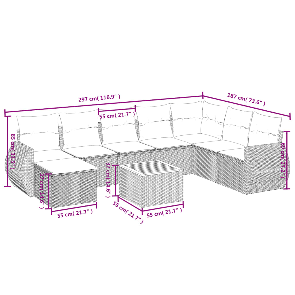 vidaXL 9-tlg. Garten-Sofagarnitur mit Kissen Beige Poly Rattan