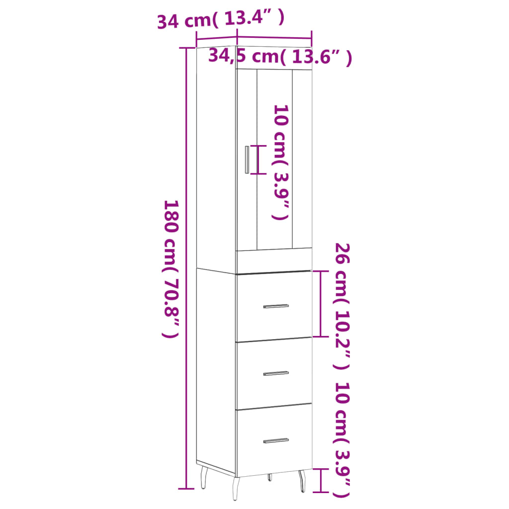 vidaXL Highboard Hochglanz-Weiß 34,5x34x180 cm Holzwerkstoff