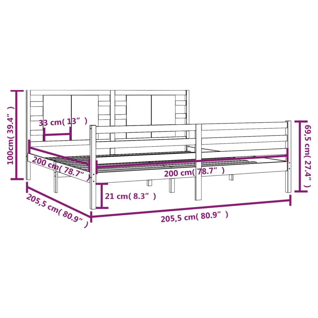 vidaXL Massivholzbett Schwarz Kiefer 200x200 cm