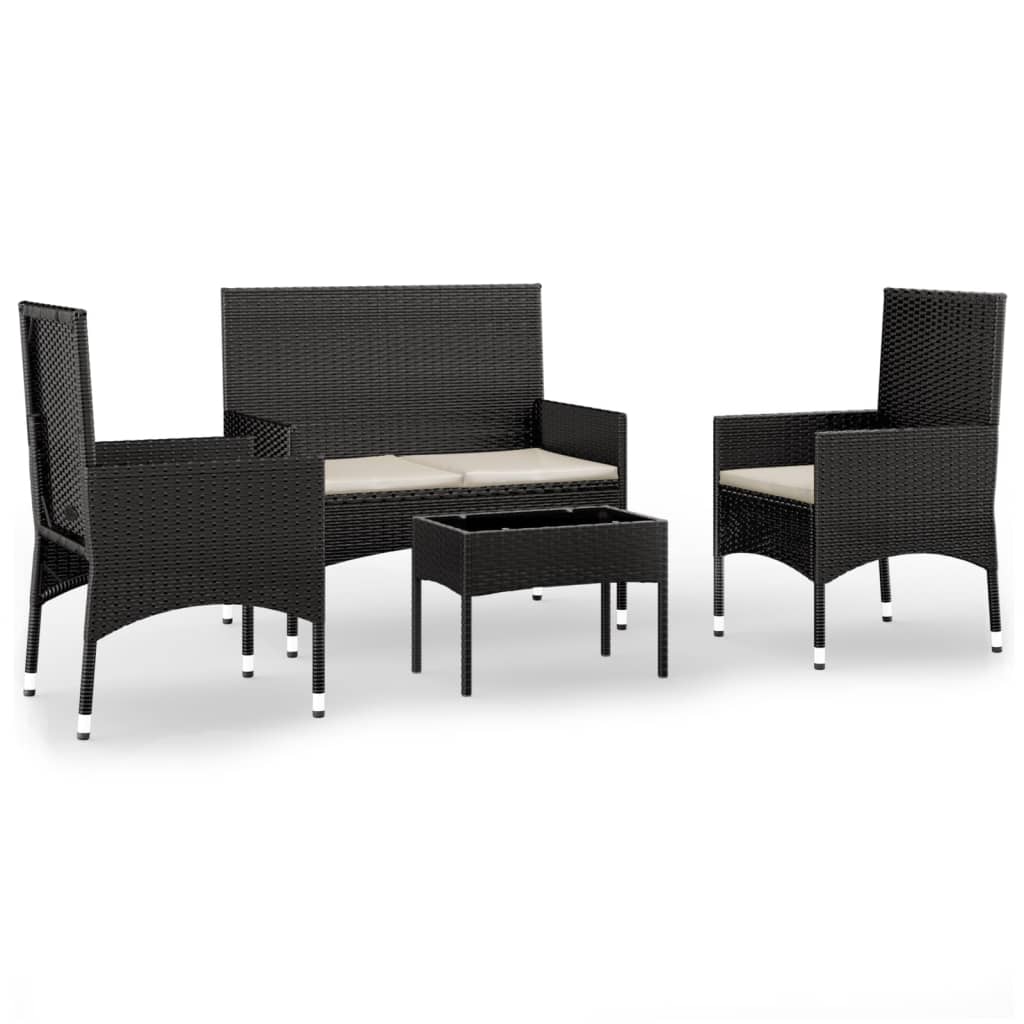 vidaXL 4-tlg. Garten-Lounge-Set mit Kissen Schwarz Poly Rattan