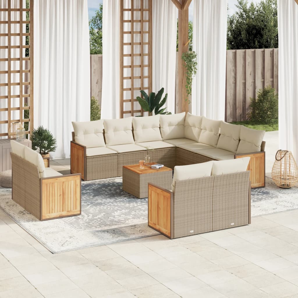 vidaXL 12-tlg. Garten-Sofagarnitur mit Kissen Beige Poly Rattan