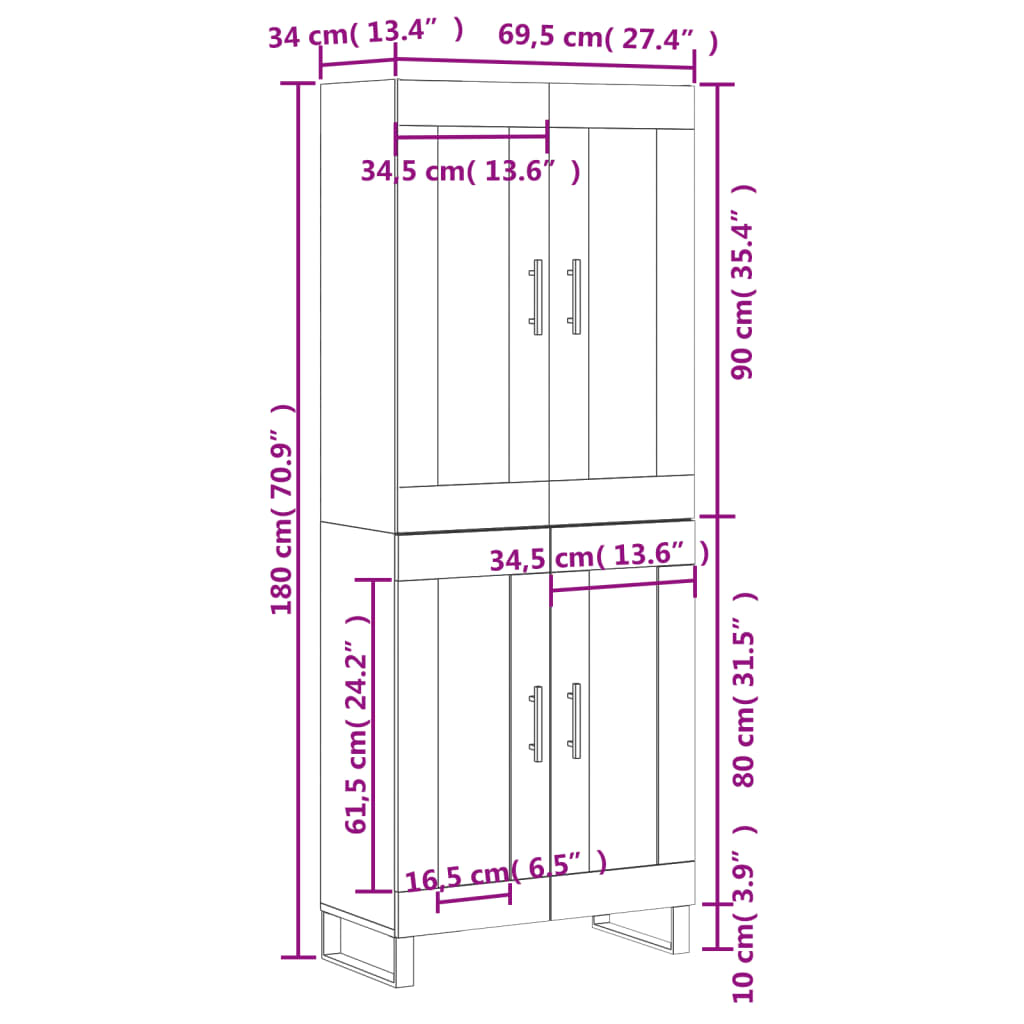 vidaXL Highboard Betongrau 69,5x34x180 cm Holzwerkstoff