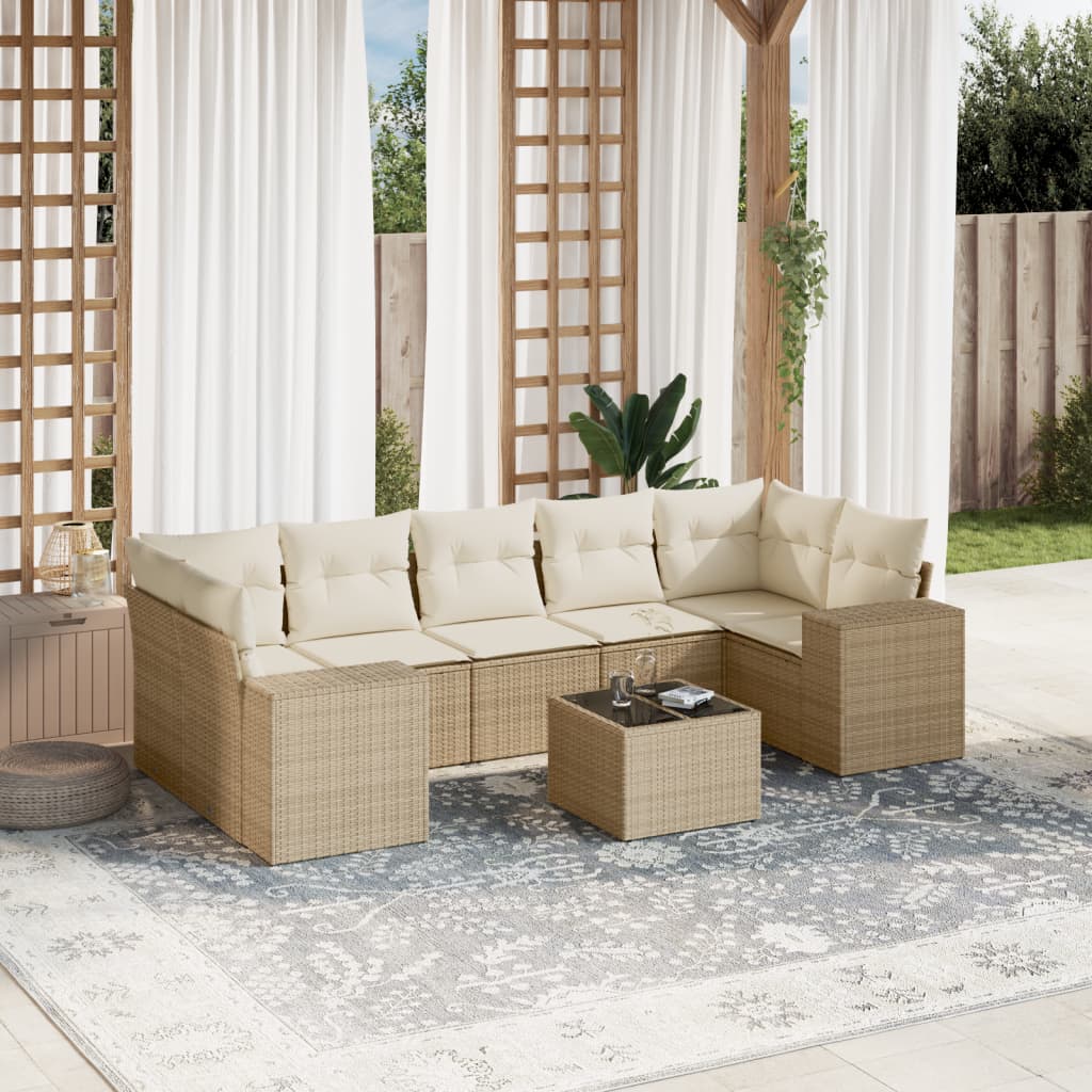 vidaXL 8-tlg. Garten-Sofagarnitur mit Kissen Beige Poly Rattan